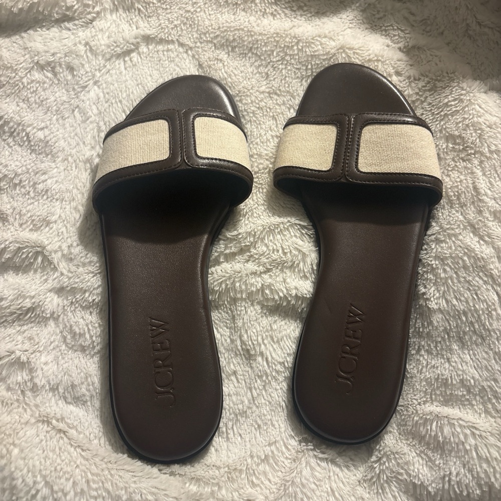 J. Crew Brown and Cream Slide Sandals